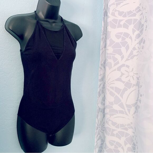 Abercrombie & Fitch Black Bodysuit w/Mesh Cutouts Keyhole Back Size S - Picture 2 of 7